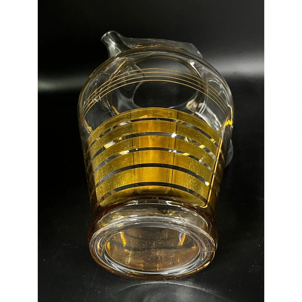 Vtg 1940s MCM Glass Ice Lip Pitcher‎ Gold Stripe Barware Drinkware 11